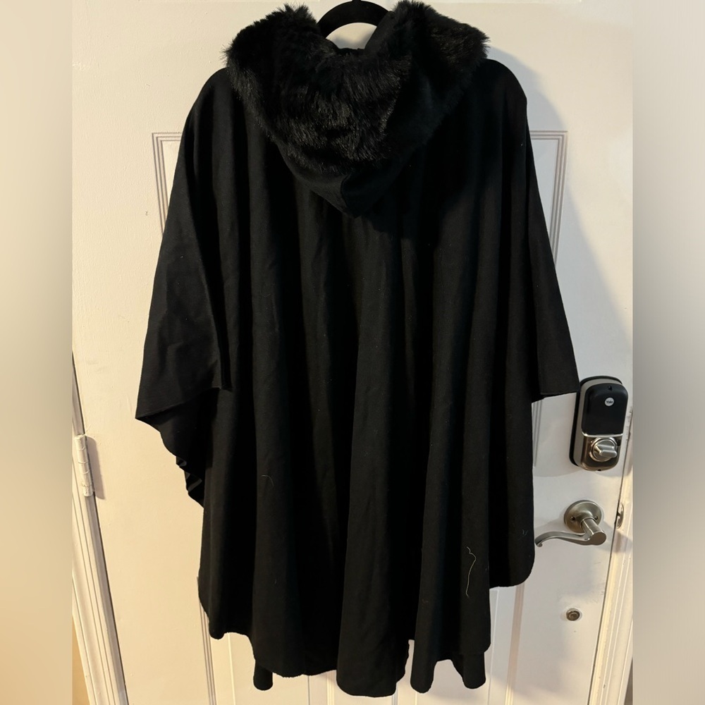 VTG Fur Hooded Wool Elegant Cape Coat Free Size Long Made in USA Union Tag Black - Picture 8 of 11